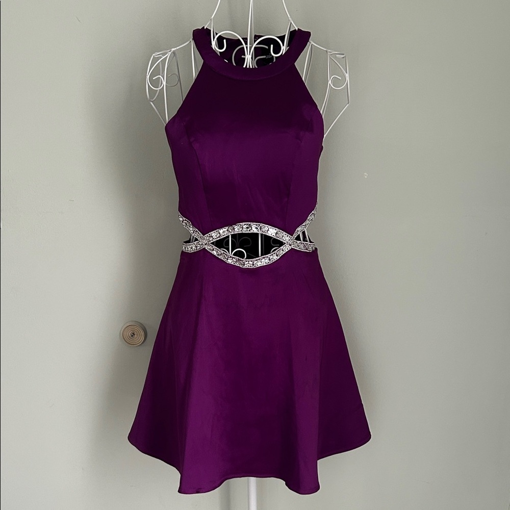 Speechless Purple Halter Skater Dress with Crystal Waist Trim